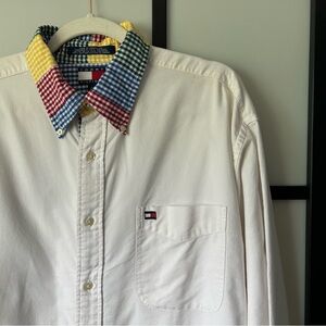 [L] Vintage Tommy Hilfiger White Button Down Dress Shirt w/ Multicolour Checker